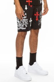Weiv Mens Chrome Cross Skull Shorts (Color: black red, size: 3XL)