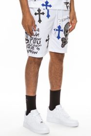 Weiv Mens Chrome Cross Skull Shorts (Color: WHITE BLUE, size: 2XL)