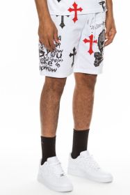 Weiv Mens Chrome Cross Skull Shorts (Color: WHITE RED, size: 2XL)